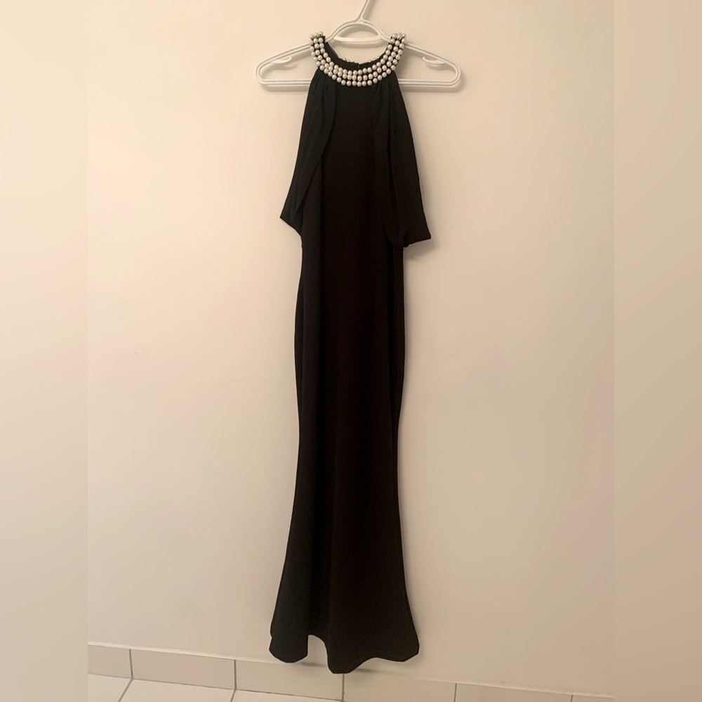 Pearl neckline black gown